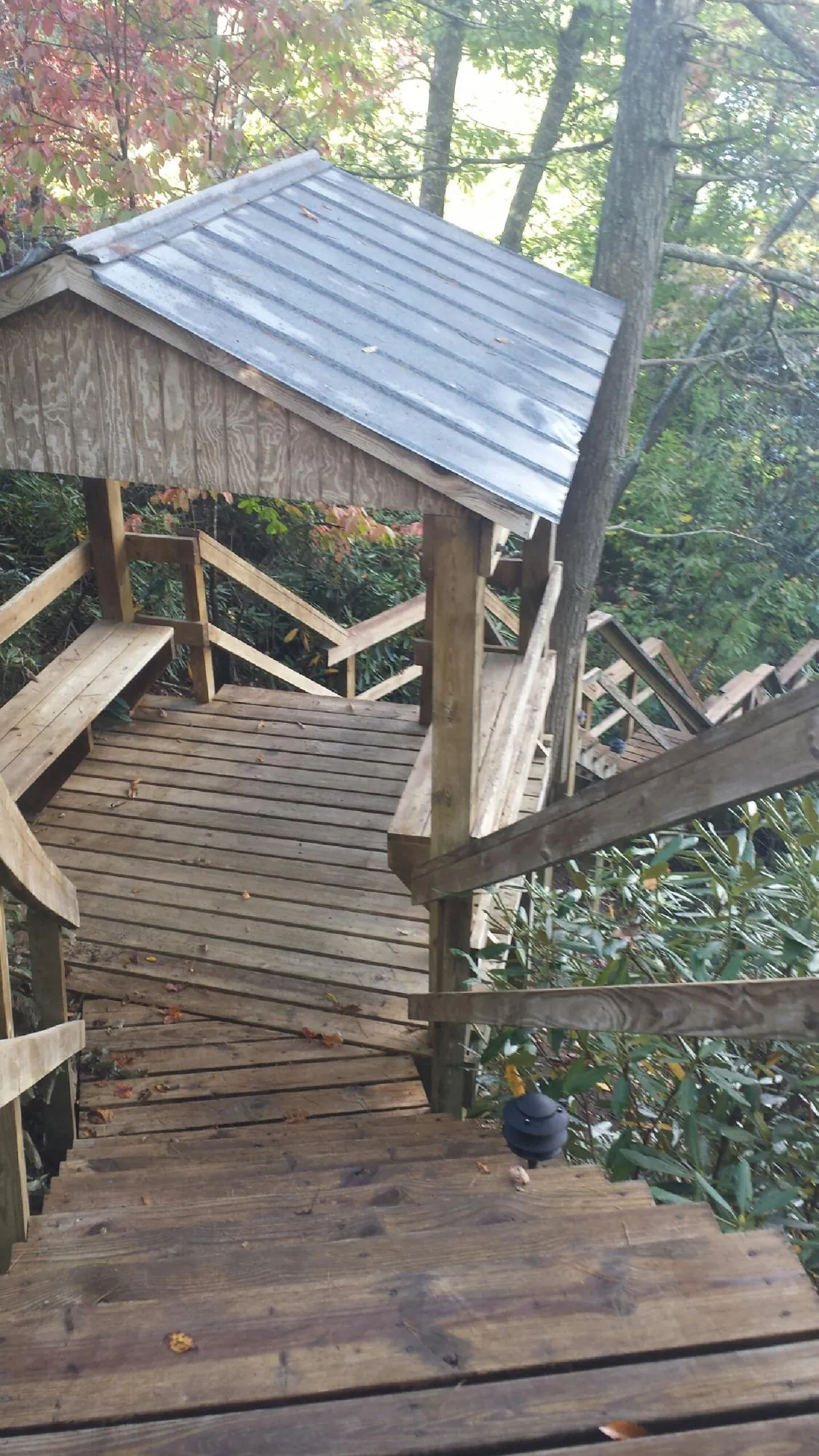 Metal roofed shelter over wooden steps on a wooded walkway — Skylight Repair & Installation work by our crew in Prosperity